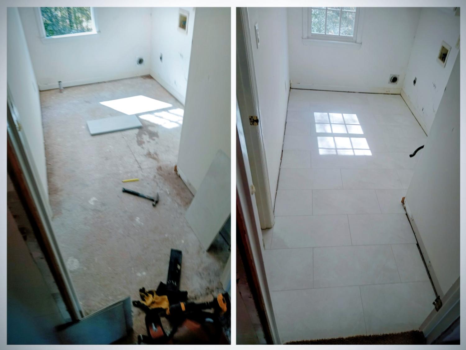 Room before and after - subfloor to white tile