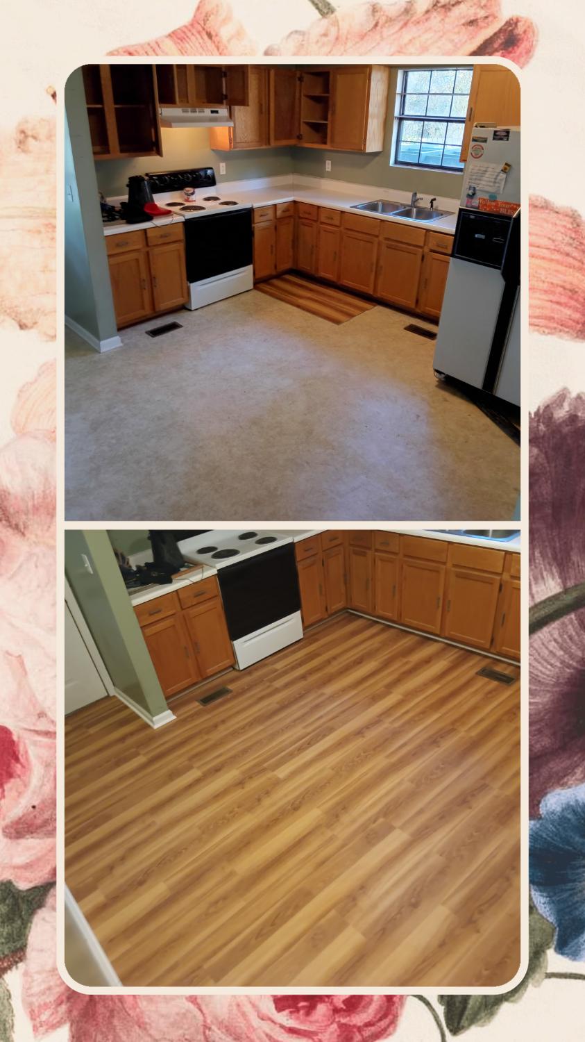 Kitchen before and after - carpet to LVP