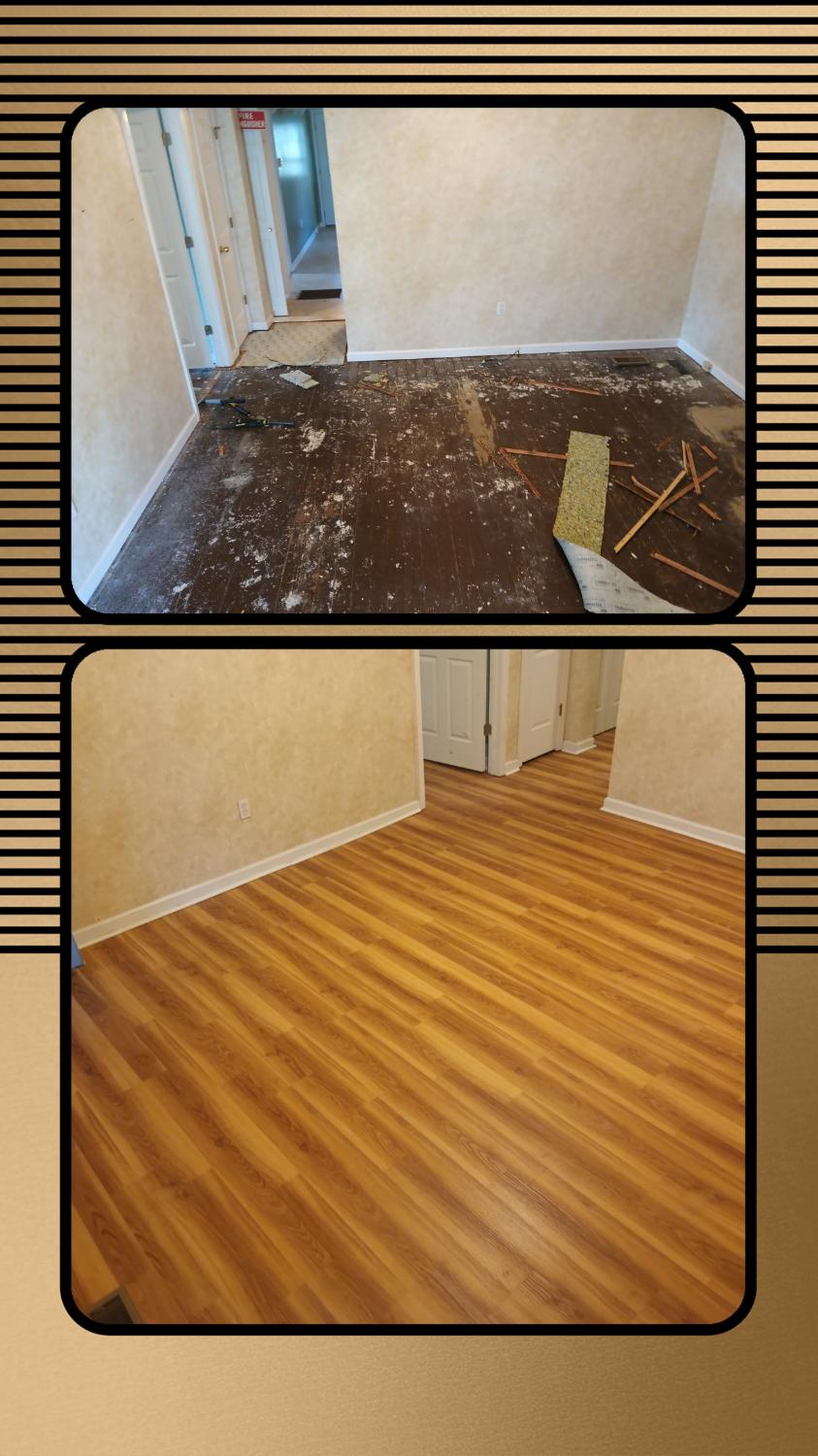 Before and after - damaged floor to new LVP