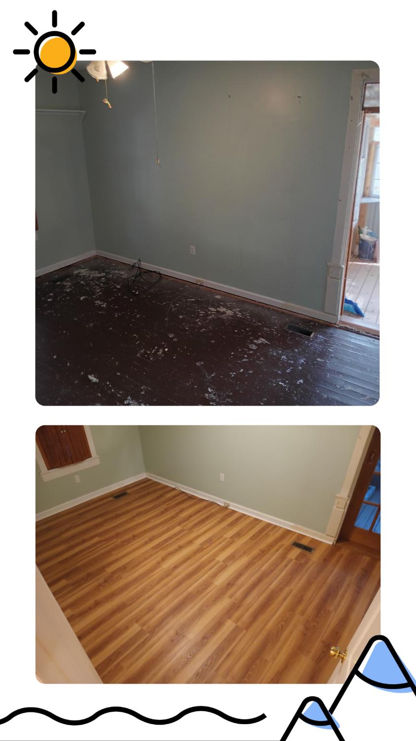 Room before and after - dark damaged to new LVP
