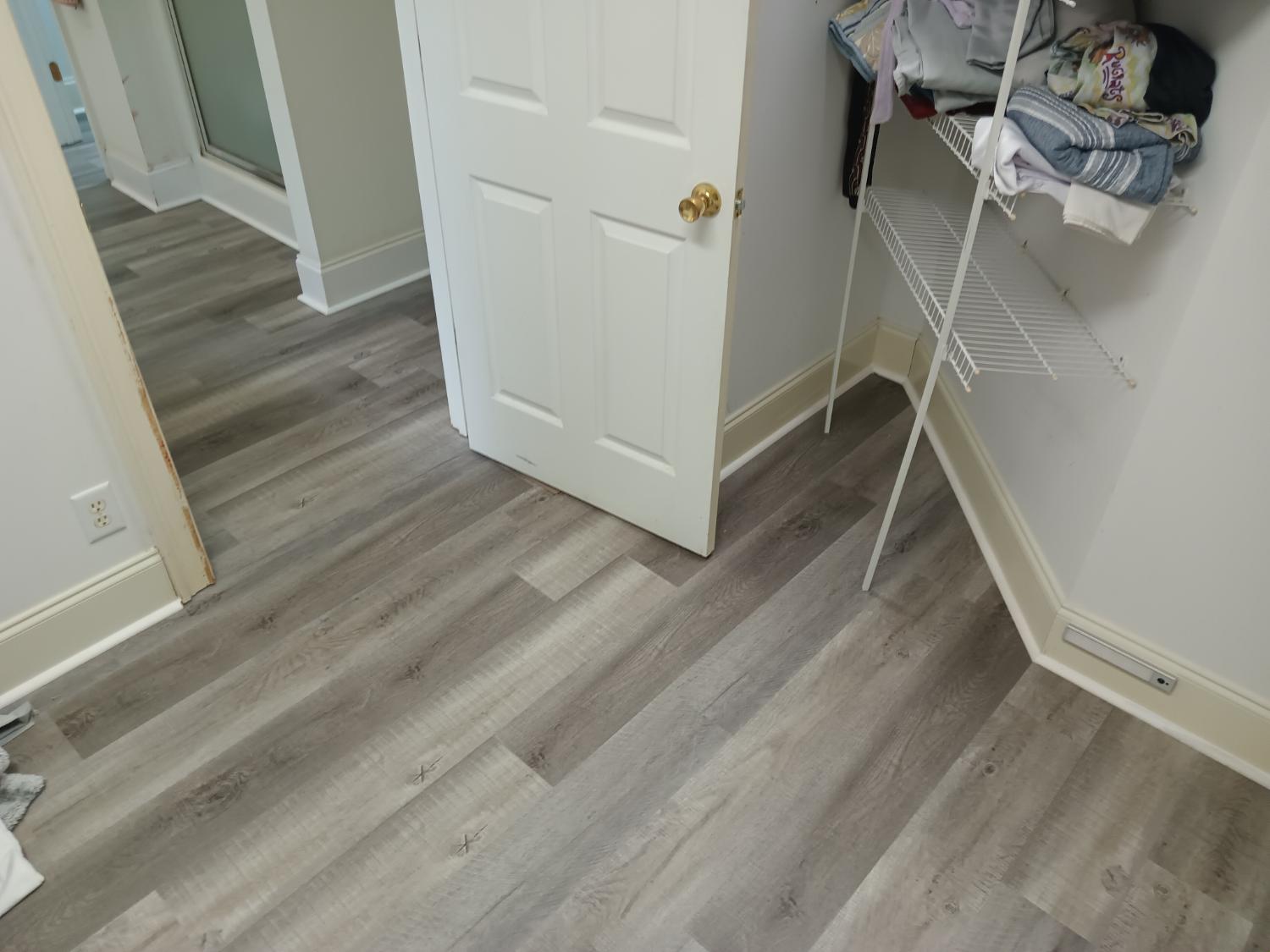 Bedroom and closet with gray LVP